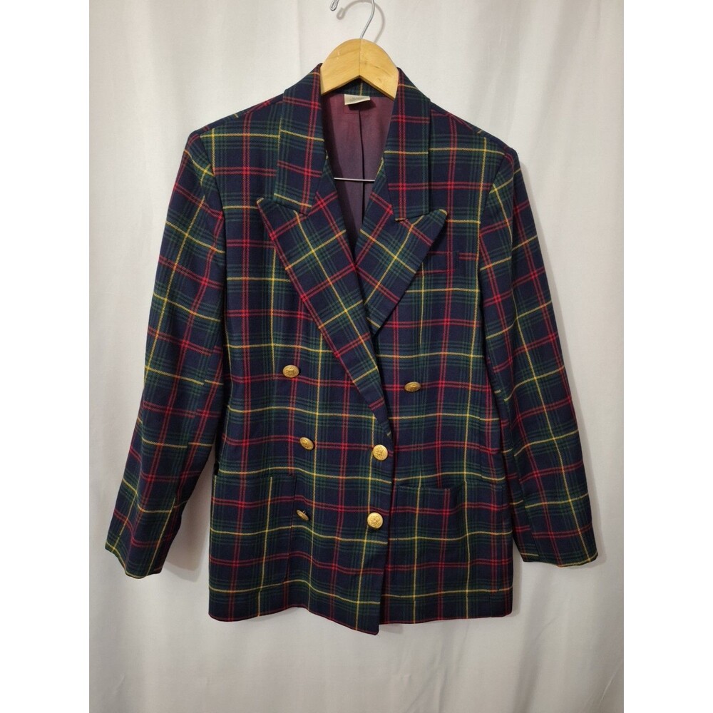 Vintage 90s Hardwick Double Breasted Plaid Wool Blazer Womens Sz 8 Gold Buttons
